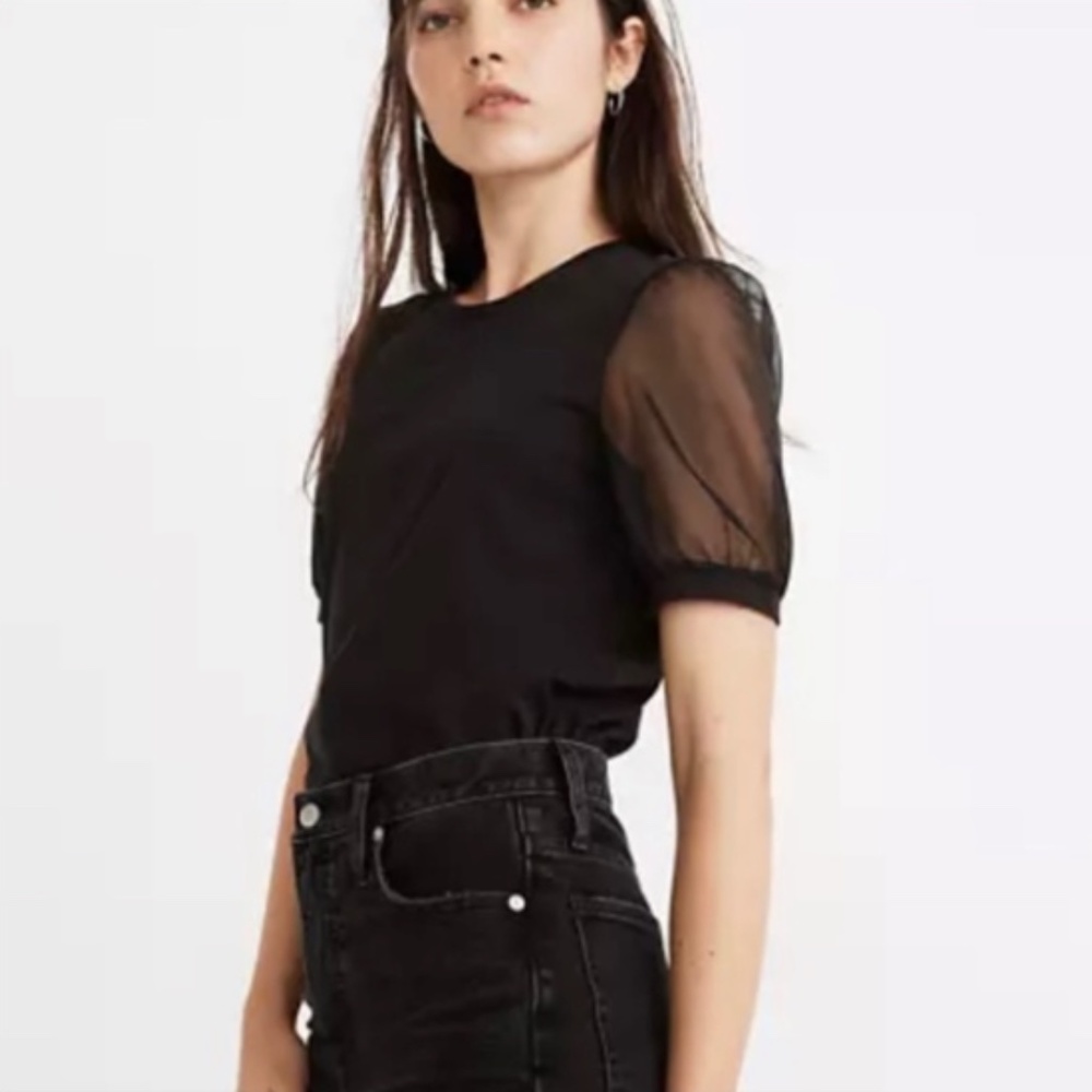 New Madewell Sheer Sleeve Knit Top XS Black
